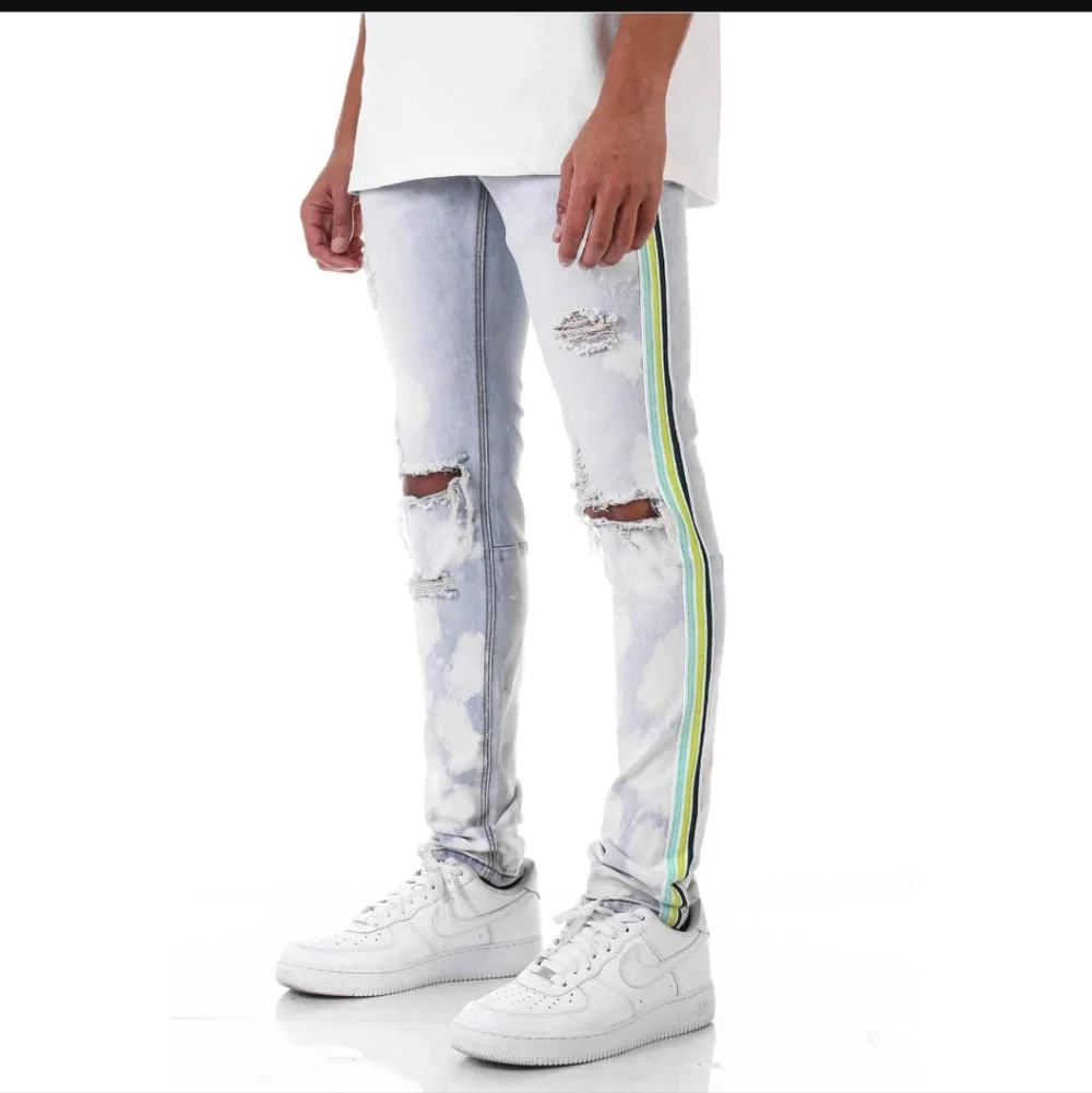 KDNK Tri-striped Bleached Skinny Jean Tinted Blue Size 32 New